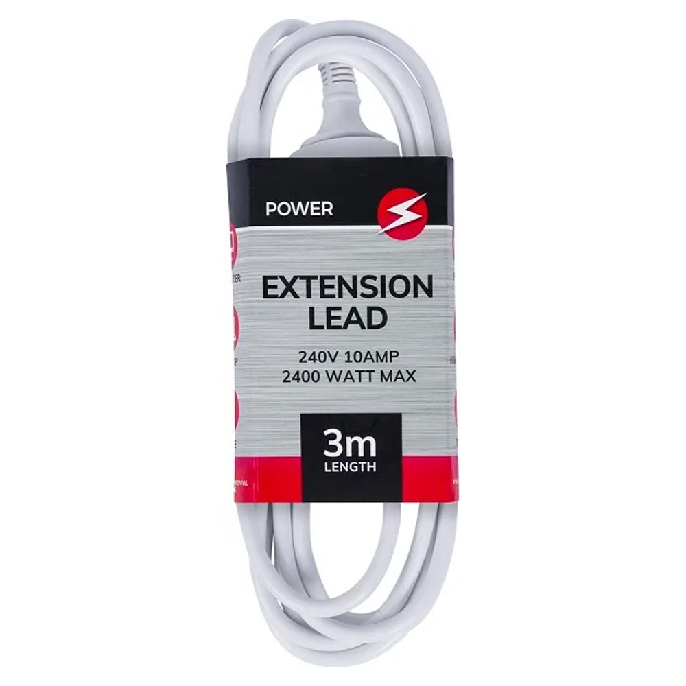 Power 3m Extension Lead/Cord Cable AU/NZ 2400W 240V Home/Office Indoor Plug WHT