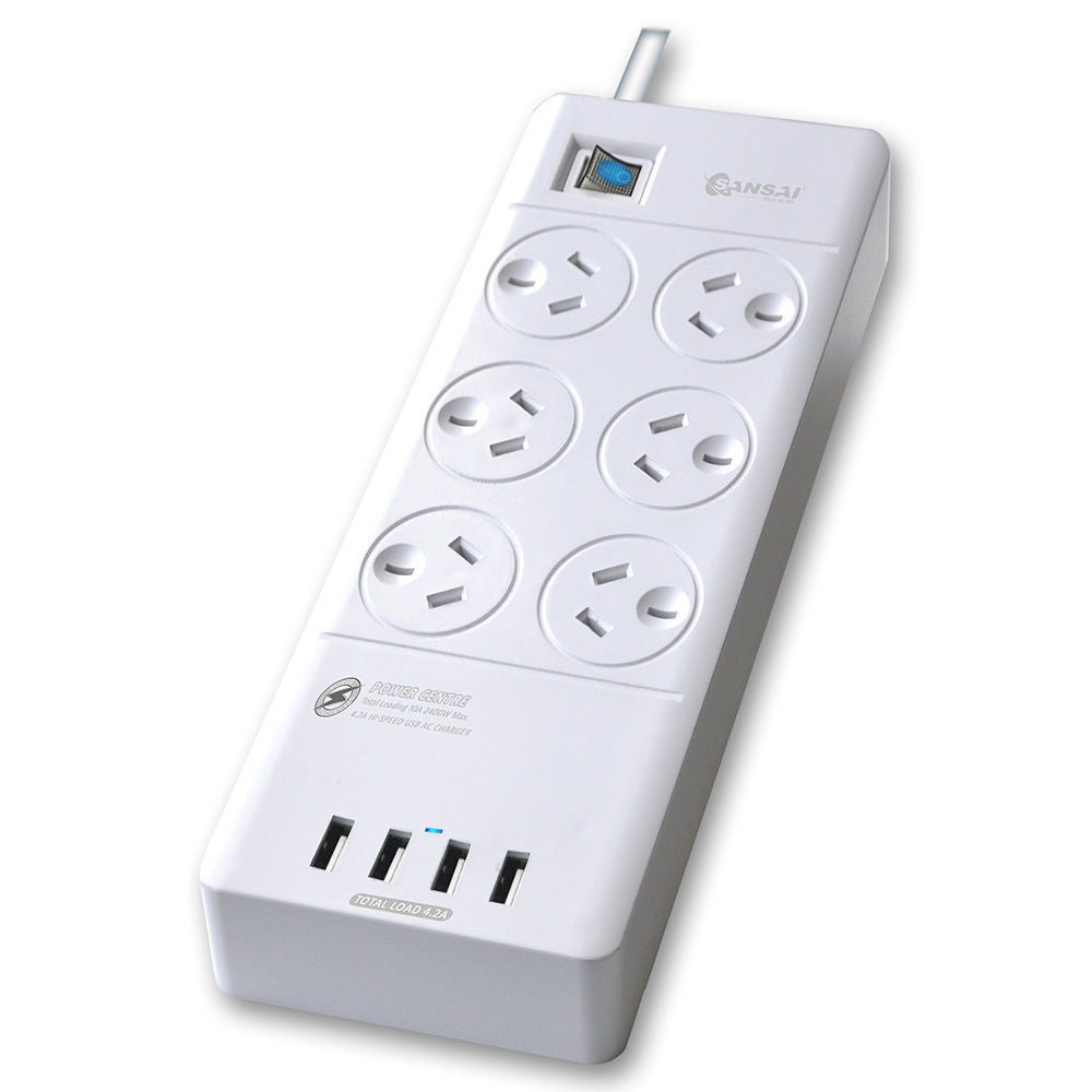 Power Board 6 Way Outlets Socket 4 Usb Charging Charger Ports w/Surge Protector