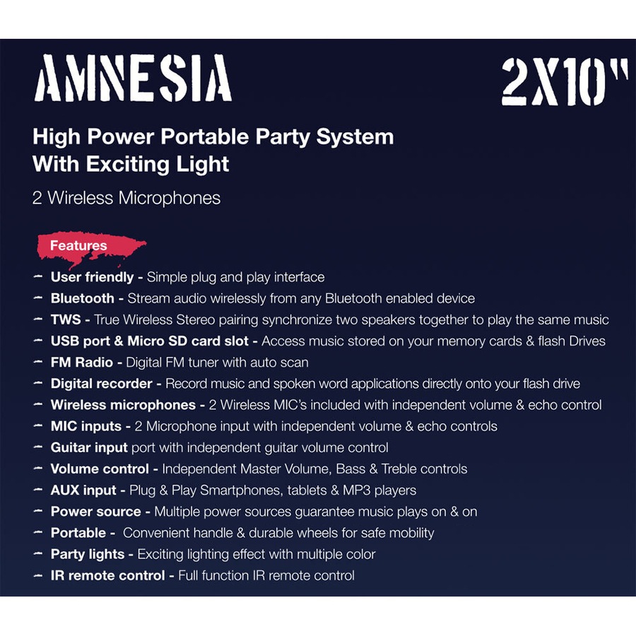 Pure Acoustics Amnesia PA 600W Party Bluetooth Speaker/FM Radio/2 Wireless Mic