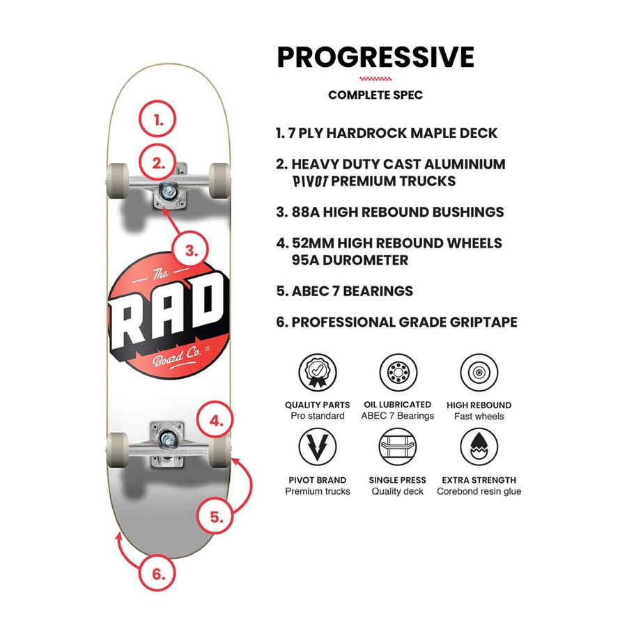 Rad Board Co Complete Skateboard Sports Deck Progressive Logo Classic Navy 8in