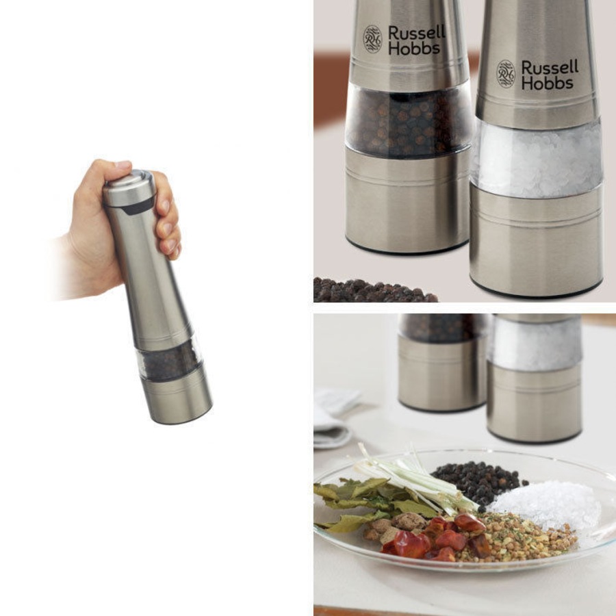 Russell Hobbs Silver Electric Salt/Pepper Mill Set/Grinder/Grinding/Fine/Coarse
