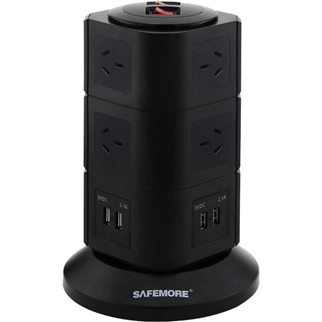 Safemore 10-Outlet Surge Powerboard Power Stacker w/ 2m Cord/4 USB Ports Black