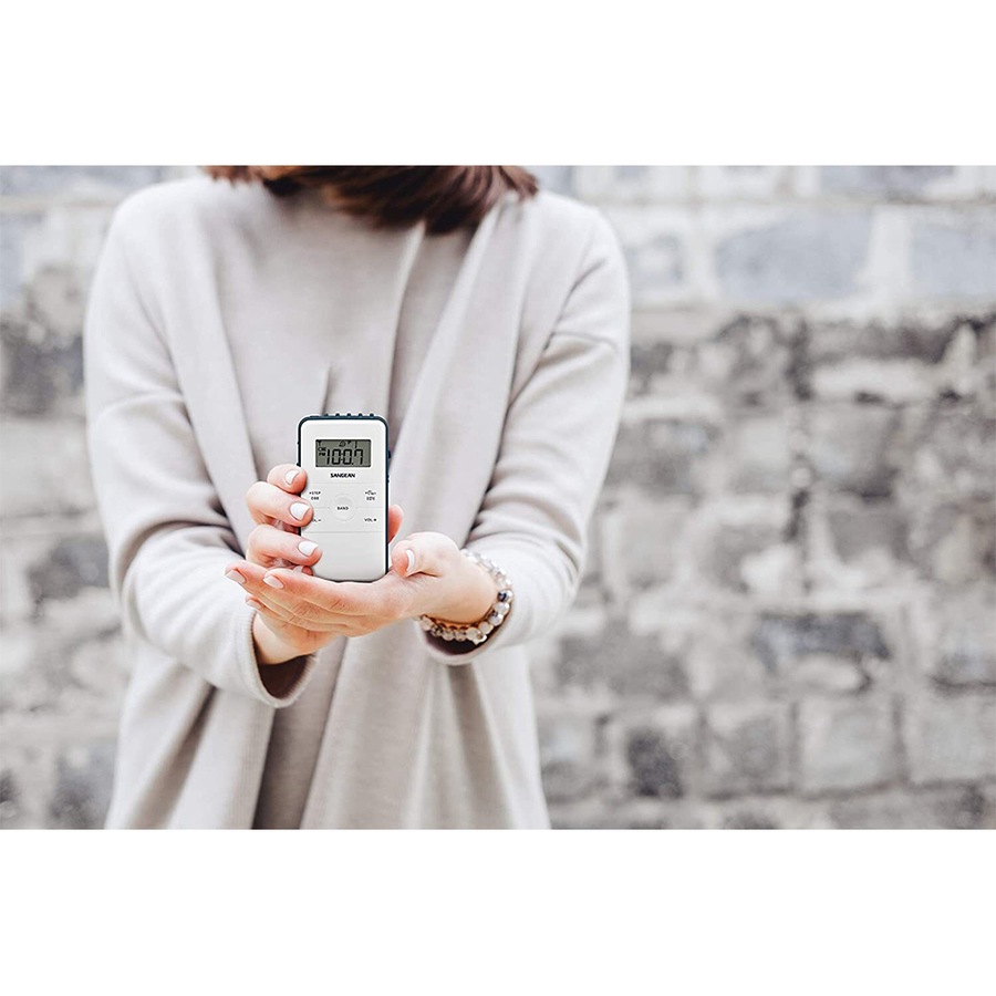 Sangean Rechargeable DT140 AM/FM Digital LCD 1000W USB Pocket Radio S Size White