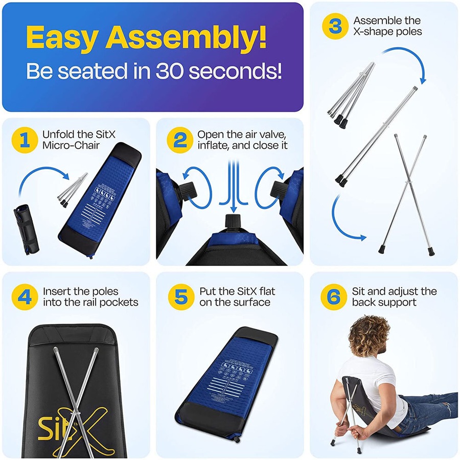 SitX AirPro Inflatable Foldable Portable Pocket-Sized Camping Chair Blue/Black