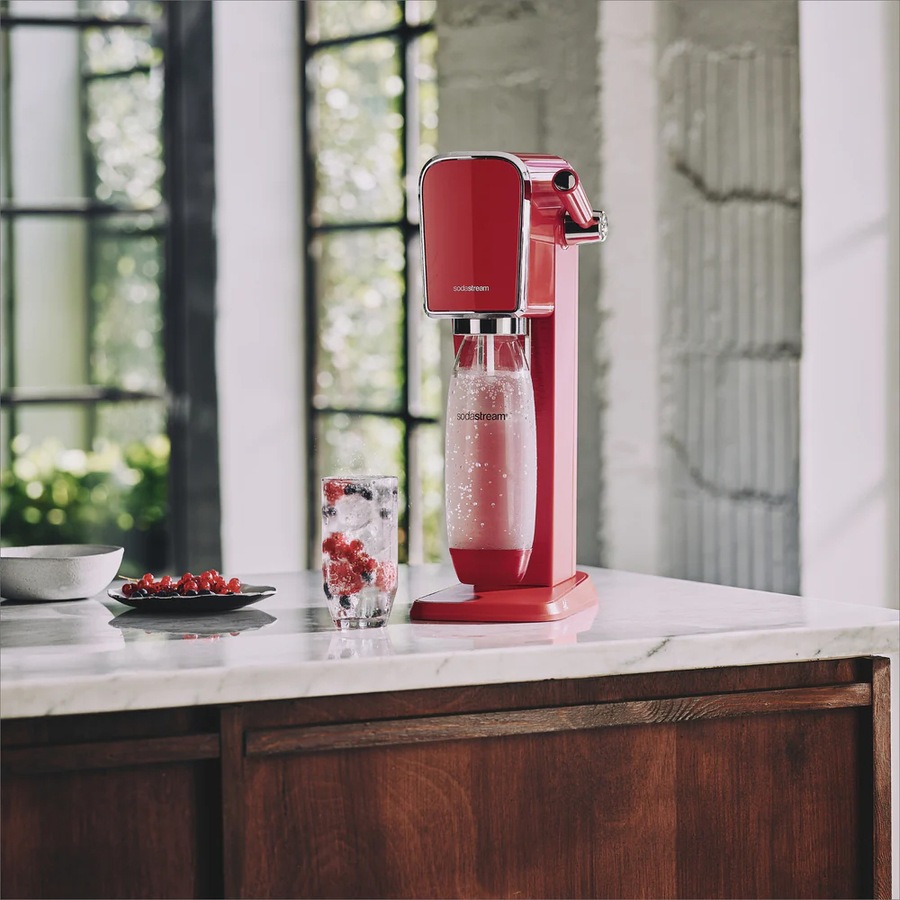 SodaStream Art Sparkling Water Maker w/60L Gas Cylinder & 1L Bottle Mandarin Red