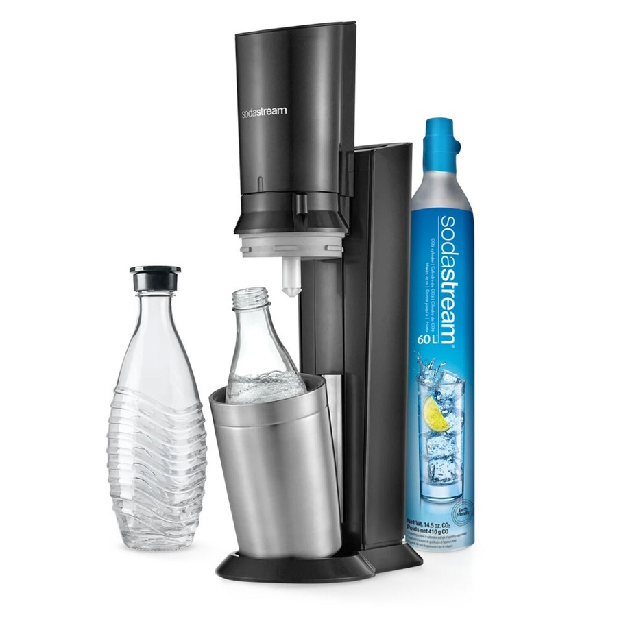 SodaStream Crystal Sparkling/Fizzy Water/Soda Maker w/Gas/2x Glass Bottles Black
