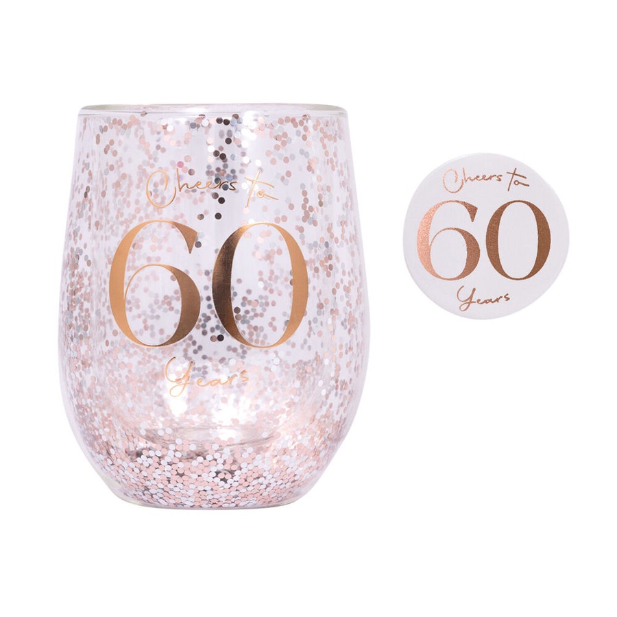 Buy Splosh Celebration 60th Glitter Stemless Glass & Badge Set 10x12cm ...