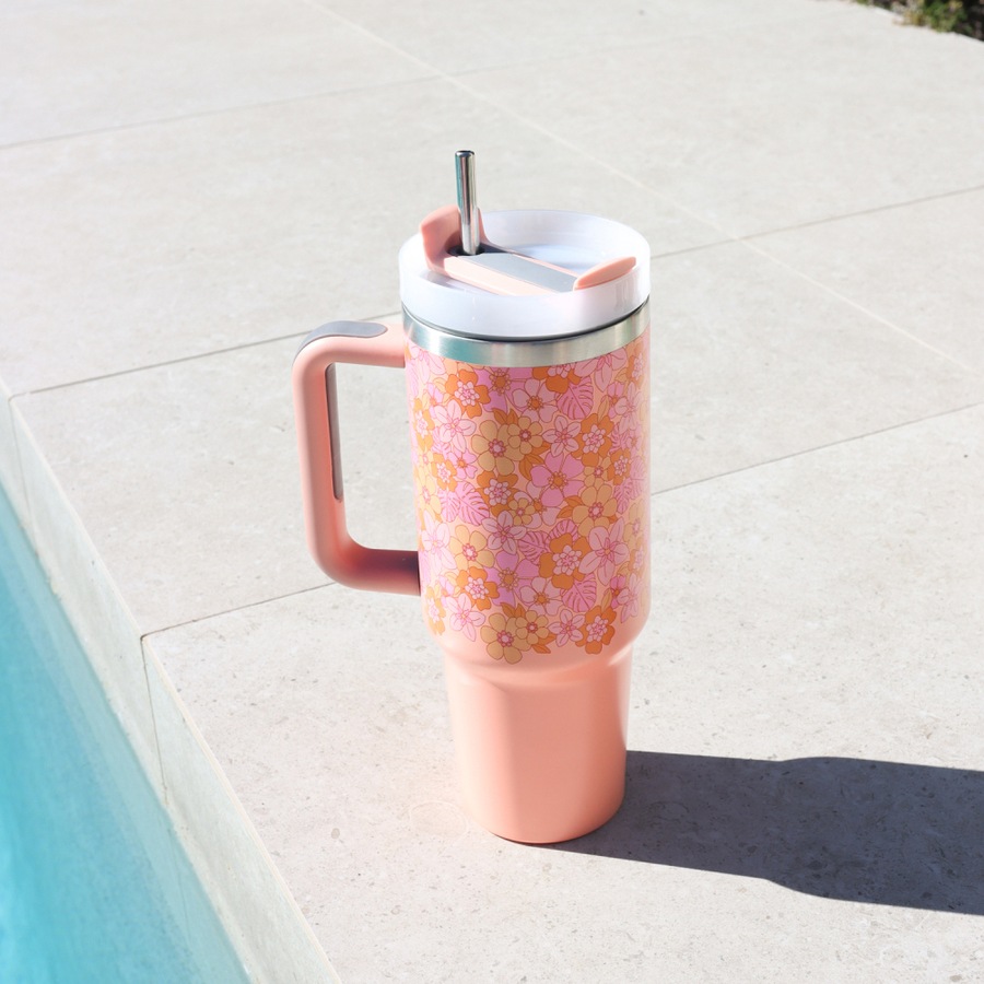 Splosh Picnic 1.2L Retro Floral Double Wall Insulated Water Tumbler w/ Straw