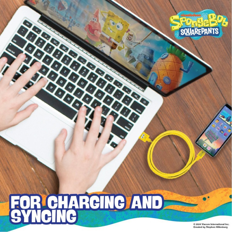 Spongebob SquarePants USB-A to 8-Pin 1m Cable Charging Cord For iPhone 14 Yellow
