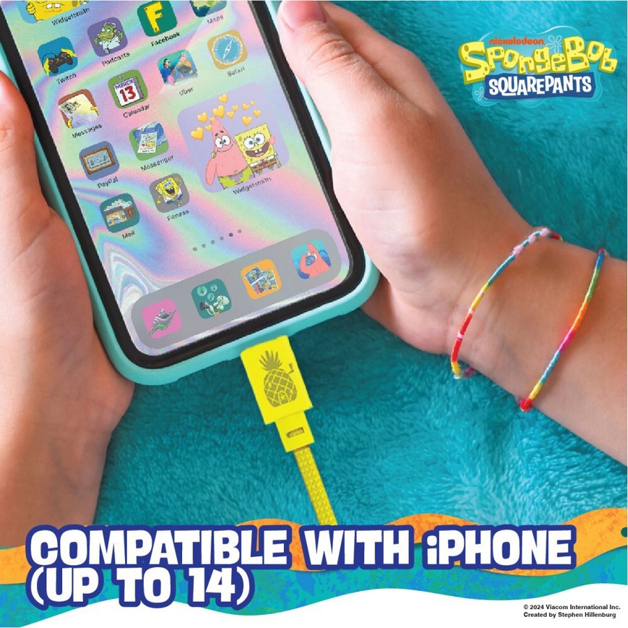 Spongebob SquarePants USB-A to 8-Pin 1m Cable Charging Cord For iPhone 14 Yellow