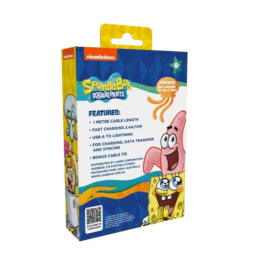 Spongebob SquarePants USB-A to 8-Pin 1m Cable Charging Cord For iPhone 14 Yellow