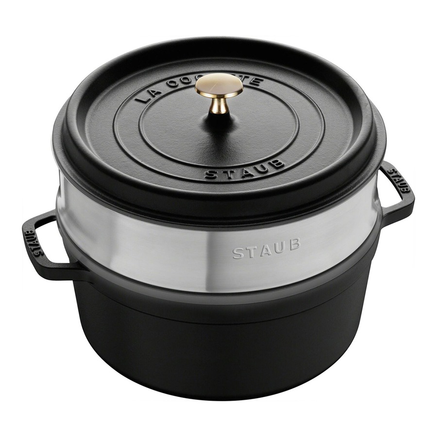 Staub 26cm/5.2L Enamel/Cast Iron Round Cocotte w/ Steamer Pot Cookware Black