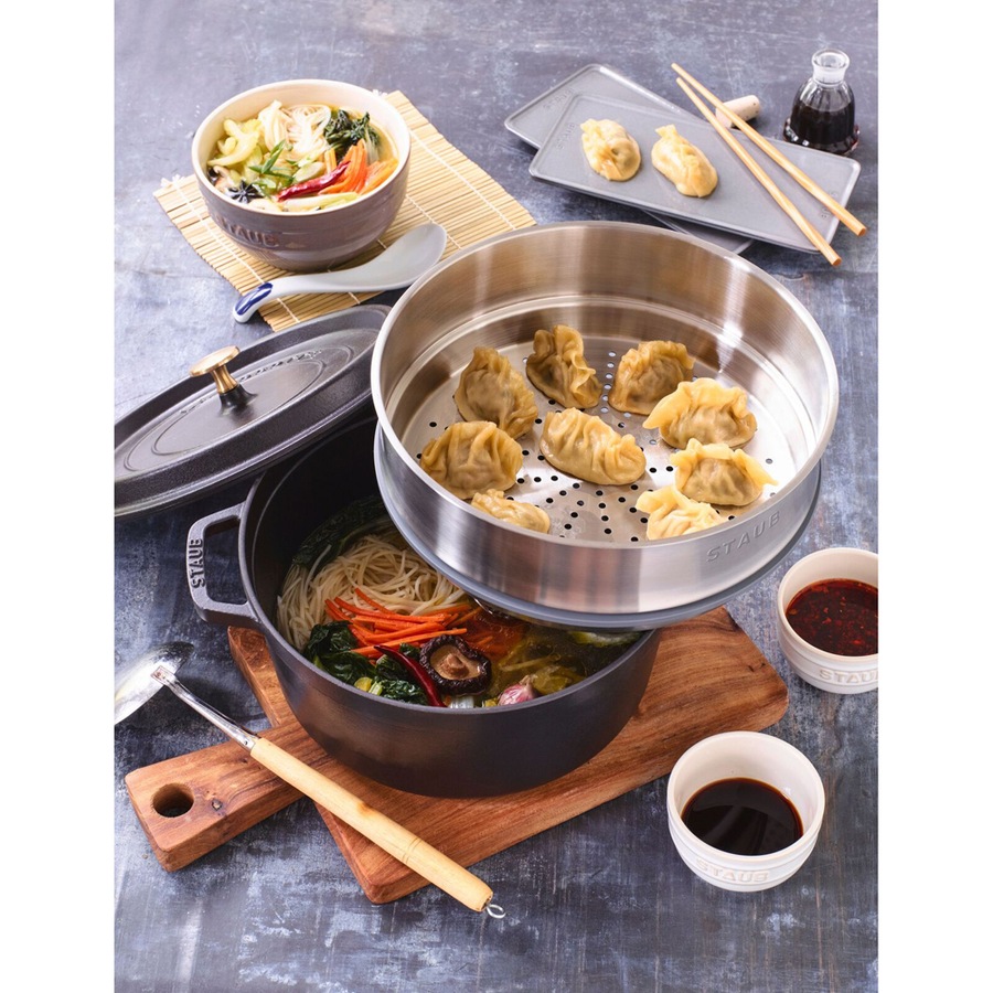 Staub 26cm/5.2L Enamel/Cast Iron Round Cocotte w/ Steamer Pot Cookware Black