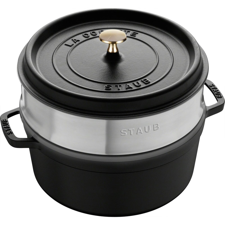 Staub 26cm/5.2L Enamel/Cast Iron Round Cocotte w/ Steamer Pot Cookware Black