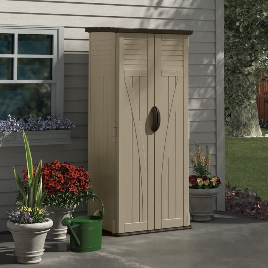 Suncast Vertical Resin Storage Shed Outdoor Garden Store Cabin 6x2FT Sand