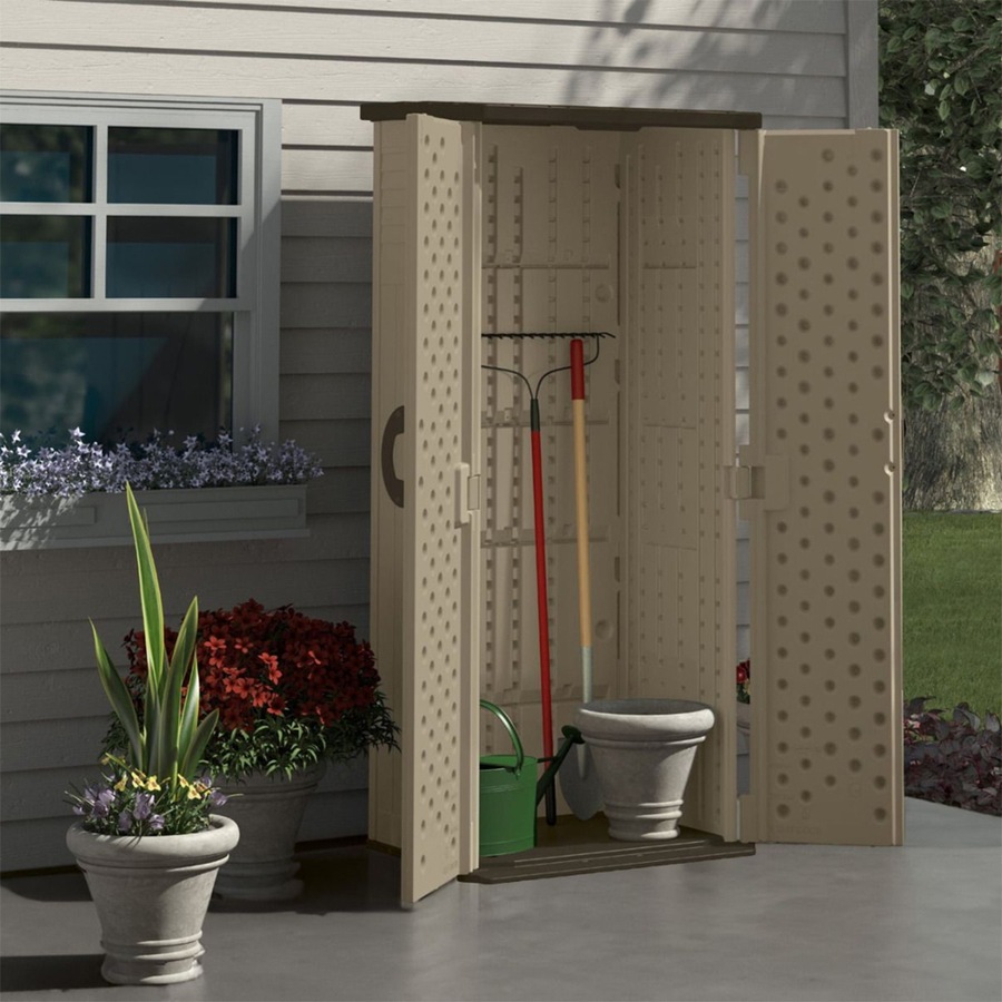 Suncast Vertical Resin Storage Shed Outdoor Garden Store Cabin 6x2FT Sand