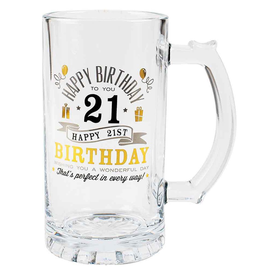 Tankard Beer Stein Glass Happy 21st Birthday To You Gold/Silver Foil Print 470ml