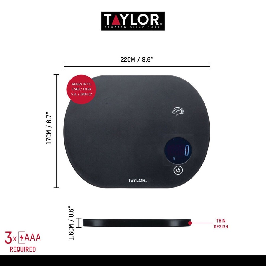 Taylor Pro Touchless Tare Digital Dual 5.5kg Kitchen Weighing Scale Black