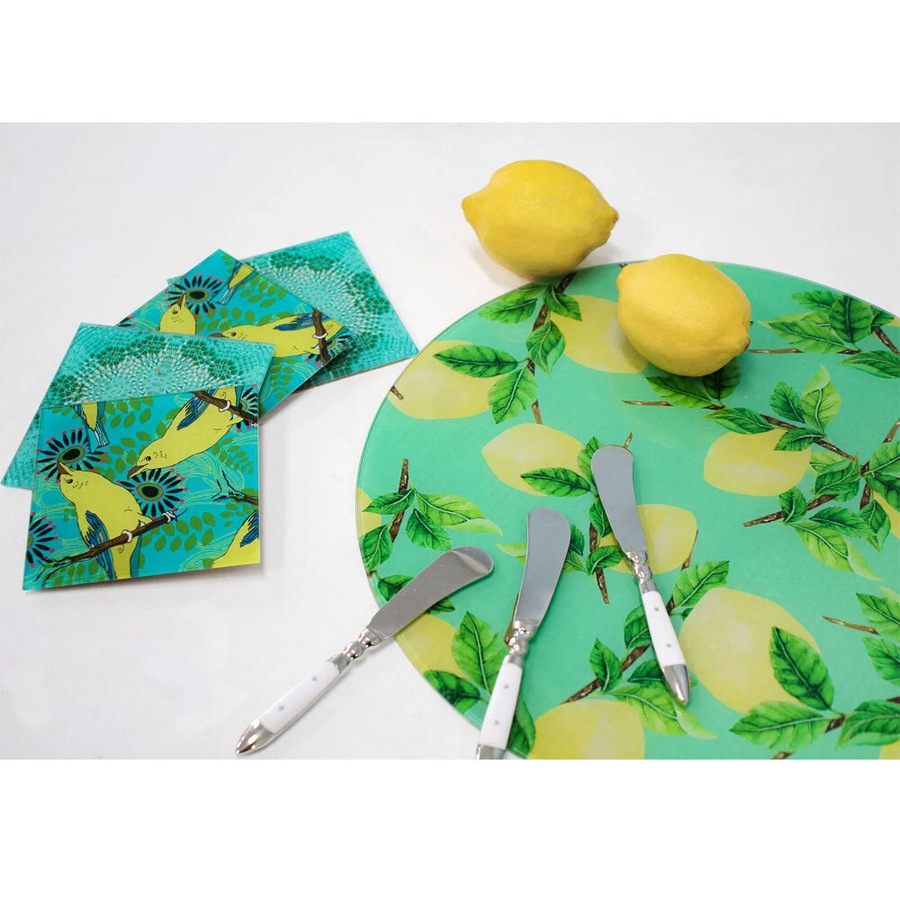 Tempered Glass Tableware 32cm Round Trivet Table Protector/Decor Large Lemon