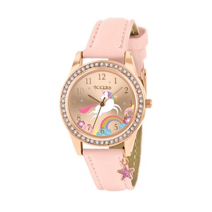 Tikkers Charm Collection Unicorn Gold Dial Watch w/ Leather Straps - Pink