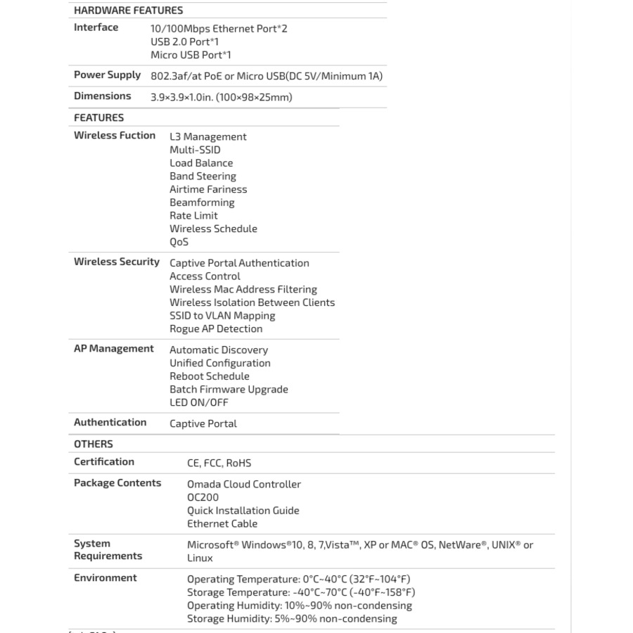 TP Link OC200 Omada Cloud Controller/L3 Management for WiFi Network Black