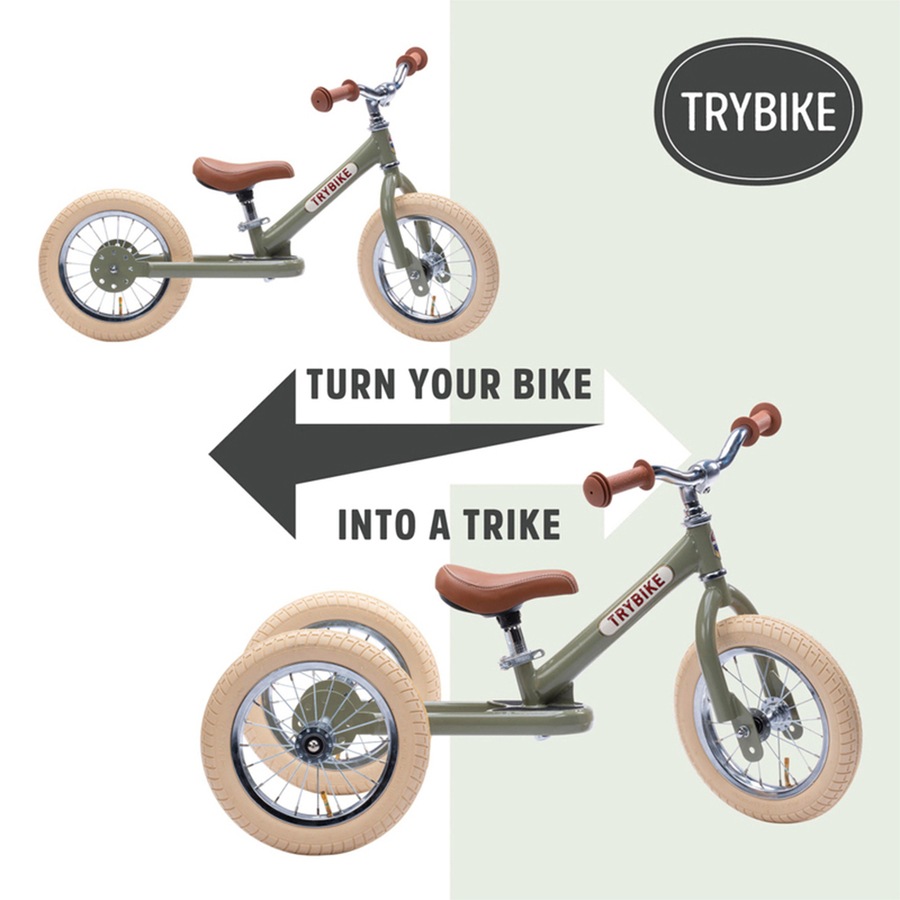 Trybike Vintage 3-Wheel Balance Bike w/Cream Tyres Ride-On Kids/Toddler 18m+ GRN