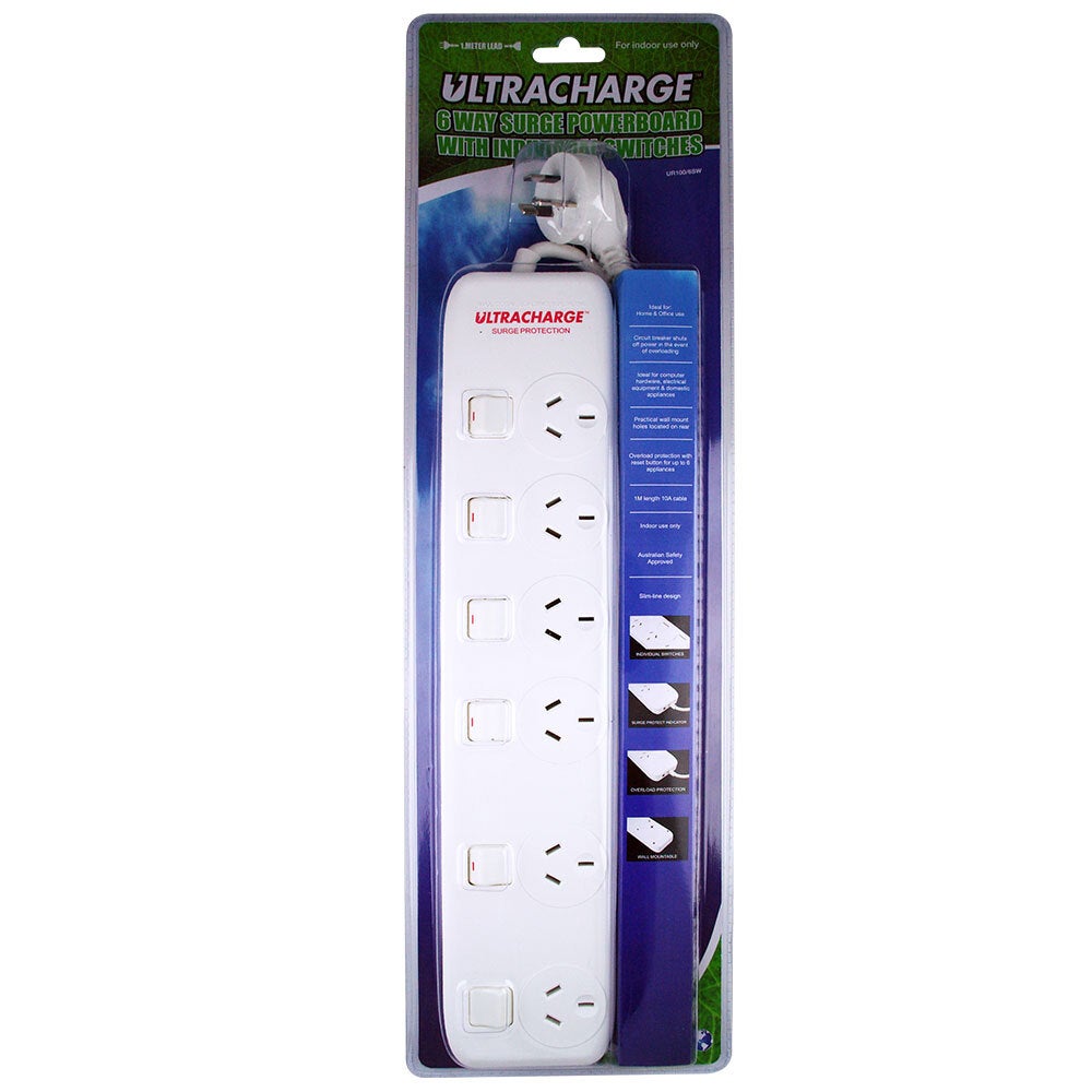 Ultracharge 6-Socket Surge Protector Power Strip Board w/Individual Switches WHT