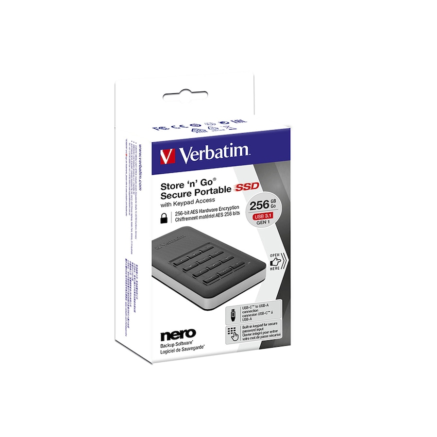 Verbatim Store'n'Go USB 3.1 Secure SSD 256GB w/ Keypad Access For Laptop Black