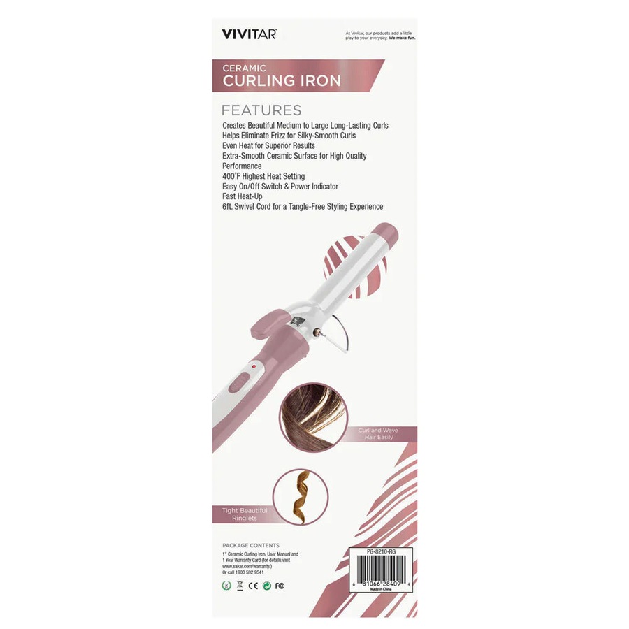 Vivitar Ceramic Tourmaline Curling Iron Barrel Pink 1in Hair Styling Tool