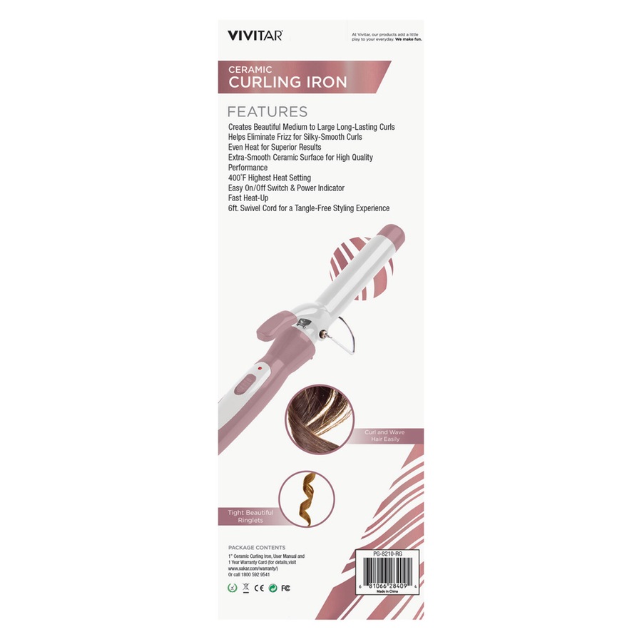 Vivitar Ceramic Tourmaline Curling Iron Barrel Pink 1in Hair Styling Tool