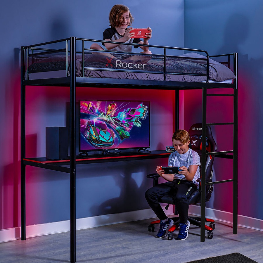 X Rocker HQ High Sleeper TV/Console Gaming Single Bunk Bed Frame w/Built In Desk