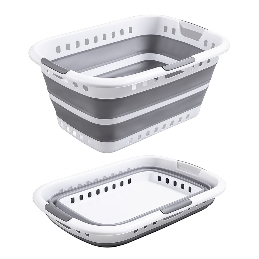 3 Handle 45L Large Foldable Laundry Basket Washing Hamper w/ Air-holes - Grey/White