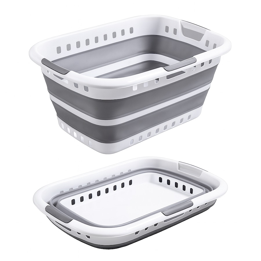 3 Handle 45L Large Foldable Laundry Basket Washing Hamper w/ Air-holes - Grey/White