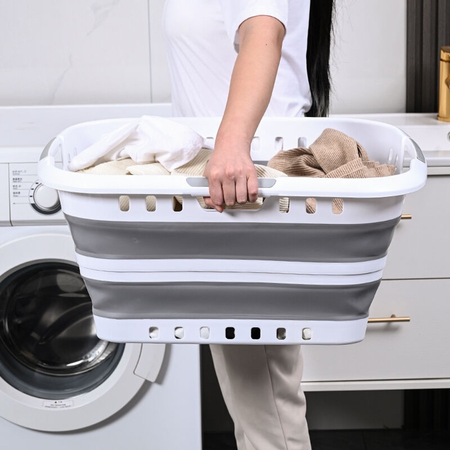 3 Handle 45L Large Foldable Laundry Basket Washing Hamper w/ Air-holes - Grey/White