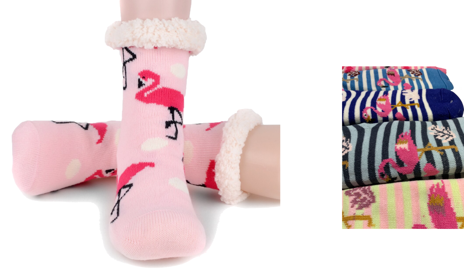 3 Pairs Ladies Thick Fur Bed Socks Womens Sherpa Fluffy Non Slip - Flamingo