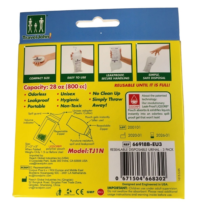 Buy 3pk Travel John! Disposable Urinal Resealable Leakproof Hygienic