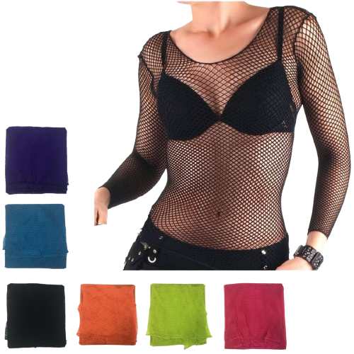 3x LONG SLEEVE FISHNET TOP Blouse T Shirt Tee Costume Party See Through