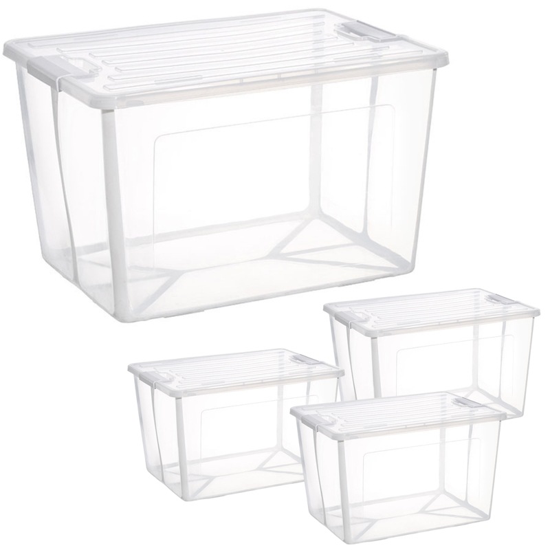 Buy 4x 57 Litre Modular Clear Foldable Storage Box with Lid Plastic Tub