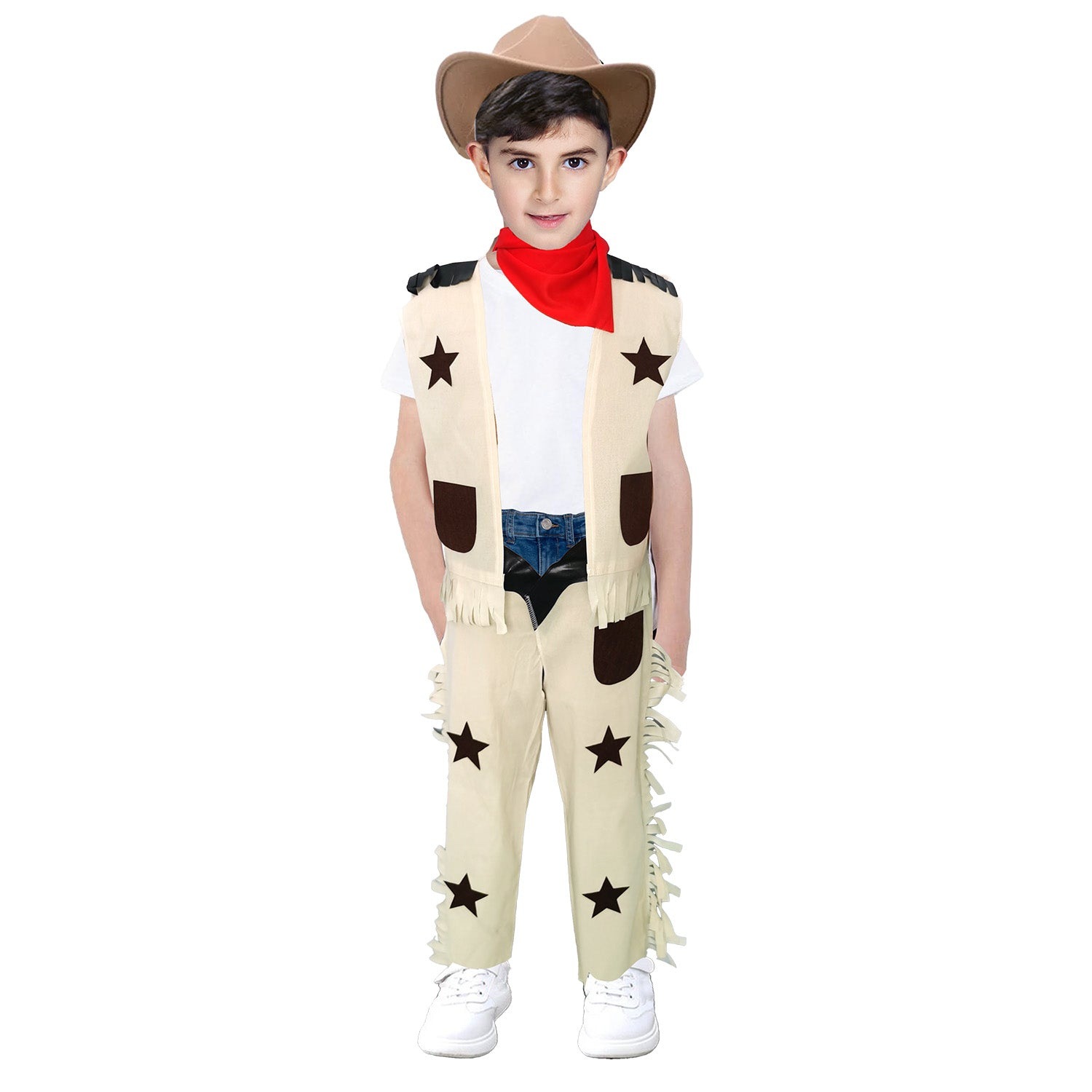 Texan Cowboy Costume Kids Brown Hat Red Neck Tie Brown Waistcoat Badge and Chaps main image 0