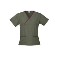 Contrast Womens V-Neck Scrubs Top Ladies Hospital Dentist Nurse Uniform - Sage/Maroon