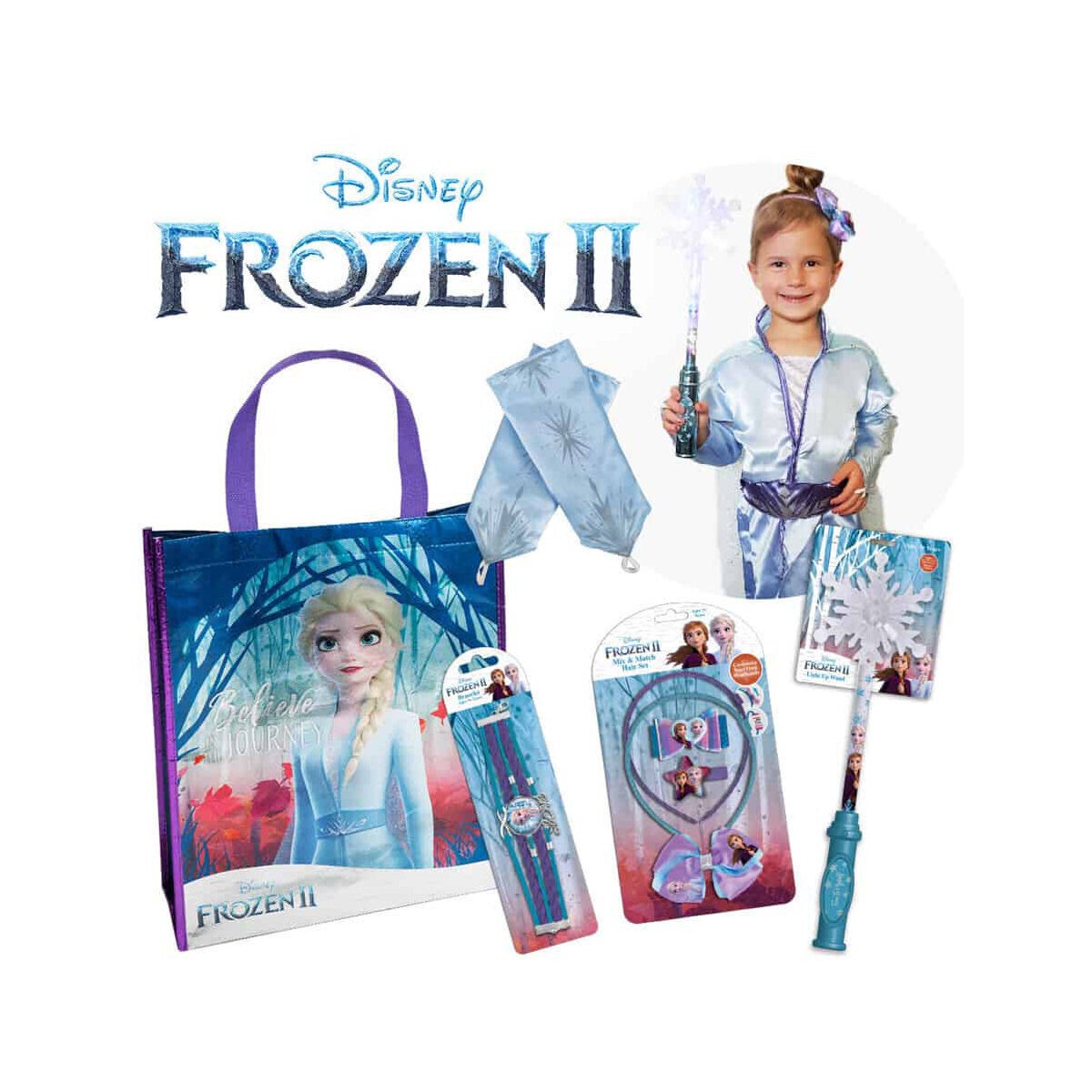 Frozen II Dress Up Showbag with Light Up Wand, Elsa Dress, Hair Set, Jewellery and Lots More