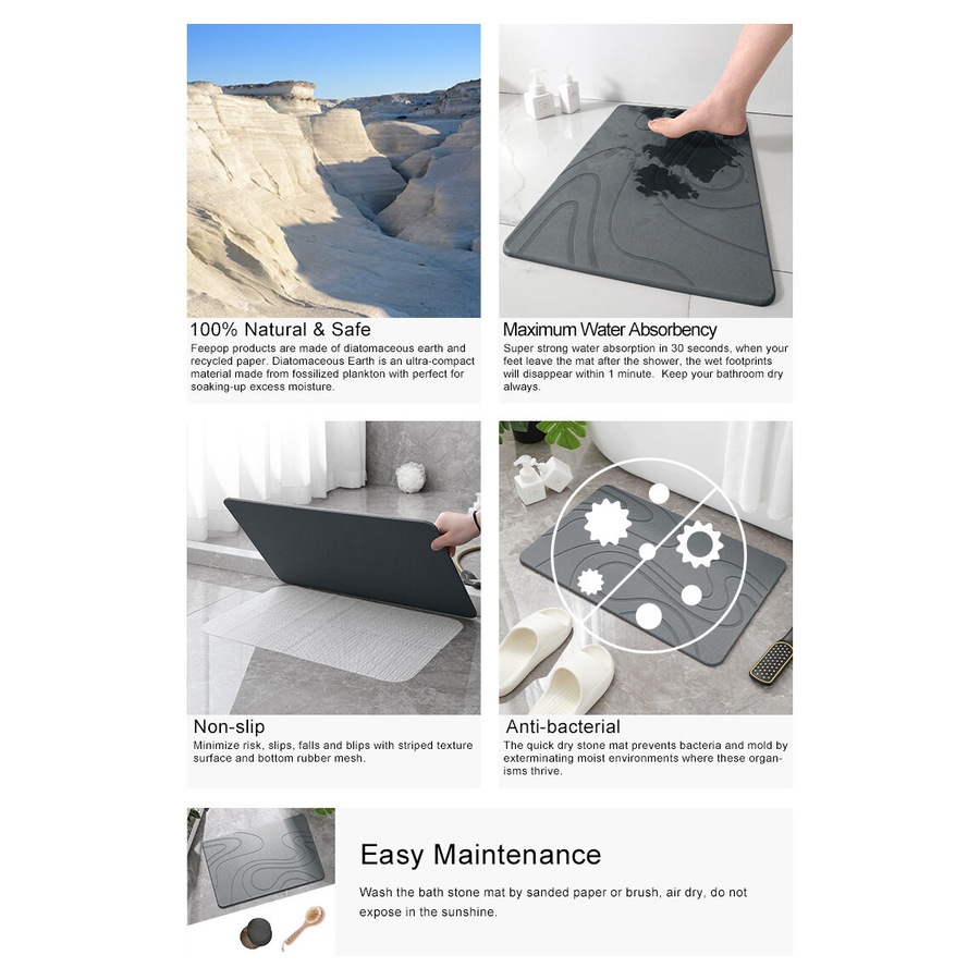 Hard Diatomite Bath Mat Stone Bath Mat Super Dry Anti-Slip Foot Shower Mats in Dark Grey