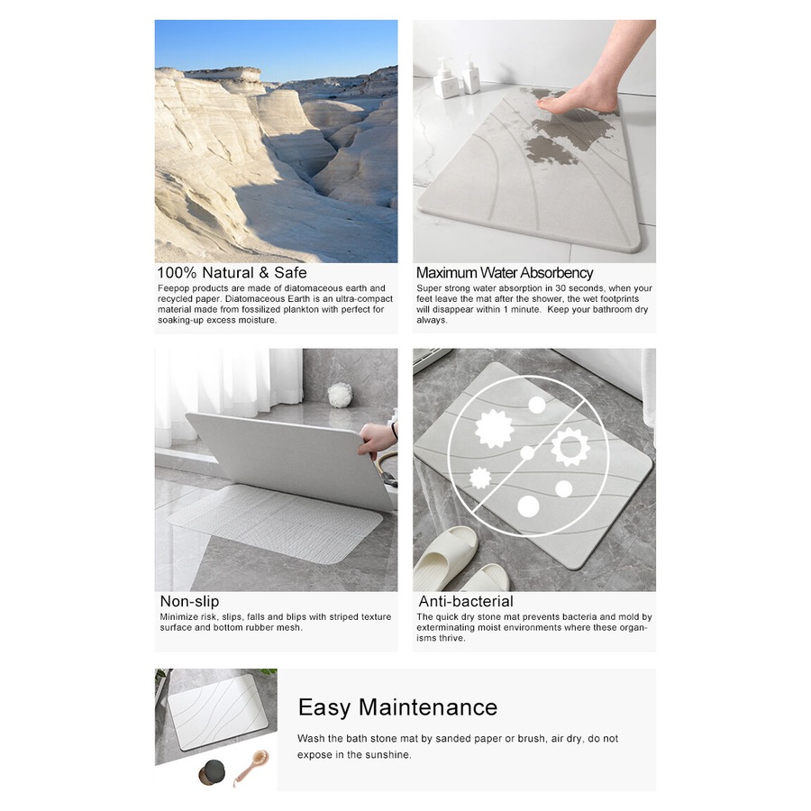 Hard Diatomite Bath Mat Stone Bath Mat Super Dry Anti-Slip Foot Shower Mats in Off White