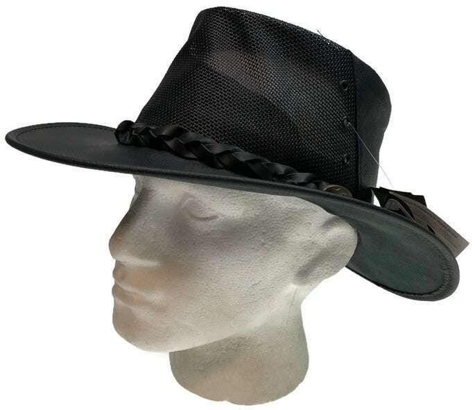 JACARU Full Grain Kangaroo Leather Breeze Cooler Hat Oil Skin Mesh Vent Outback