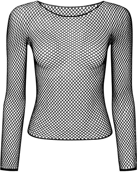 LONG SLEEVE FISHNET TOP Blouse T Shirt Tee Costume Party See Through