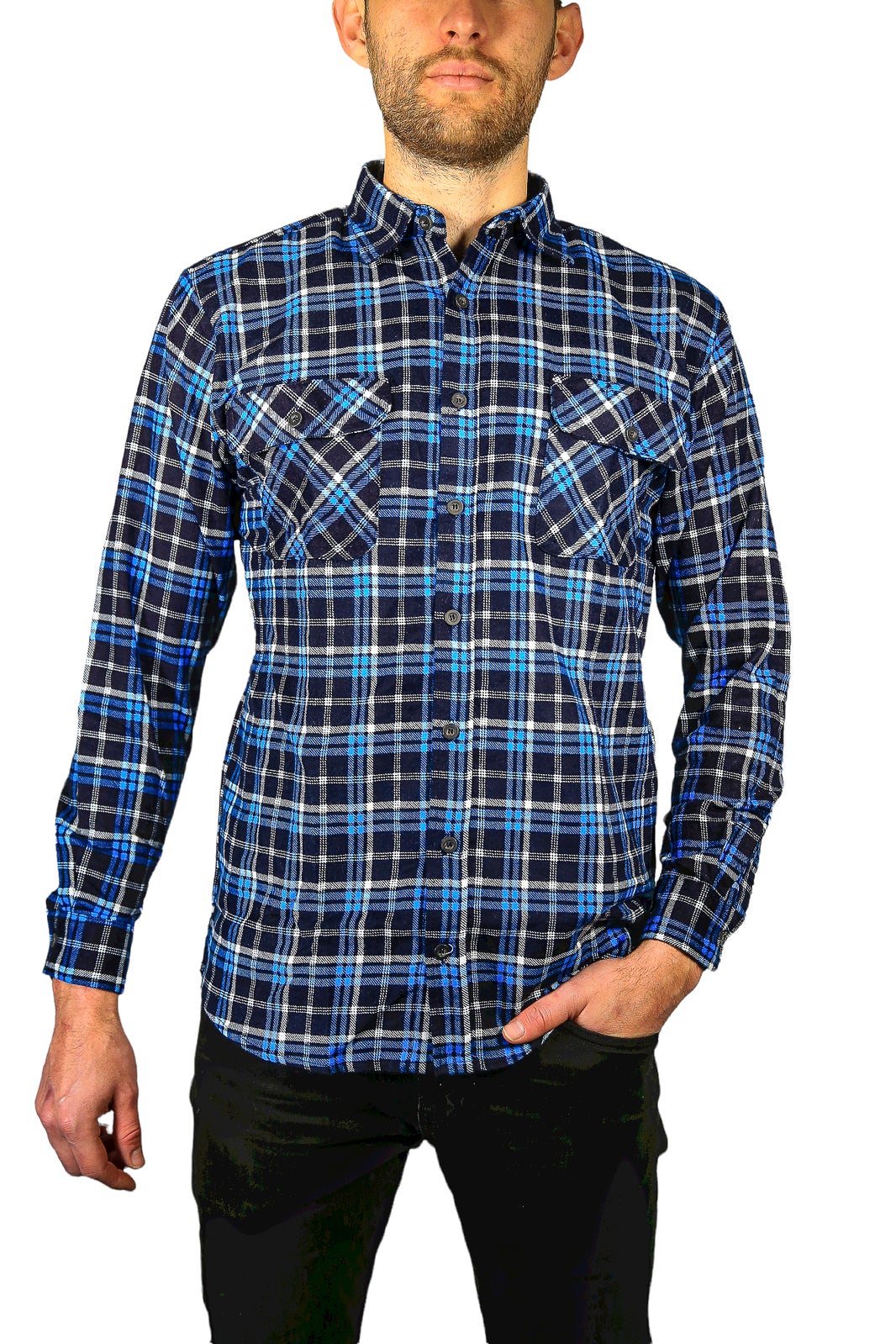 Mens Flannelette Long Sleeve Shirt 100% Cotton Check Authentic Flannel - Full Placket