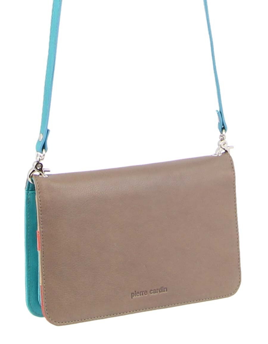 Pierre Cardin Genuine Leather Ladies Wallet Clutch Bag - Taupe/Turquoise