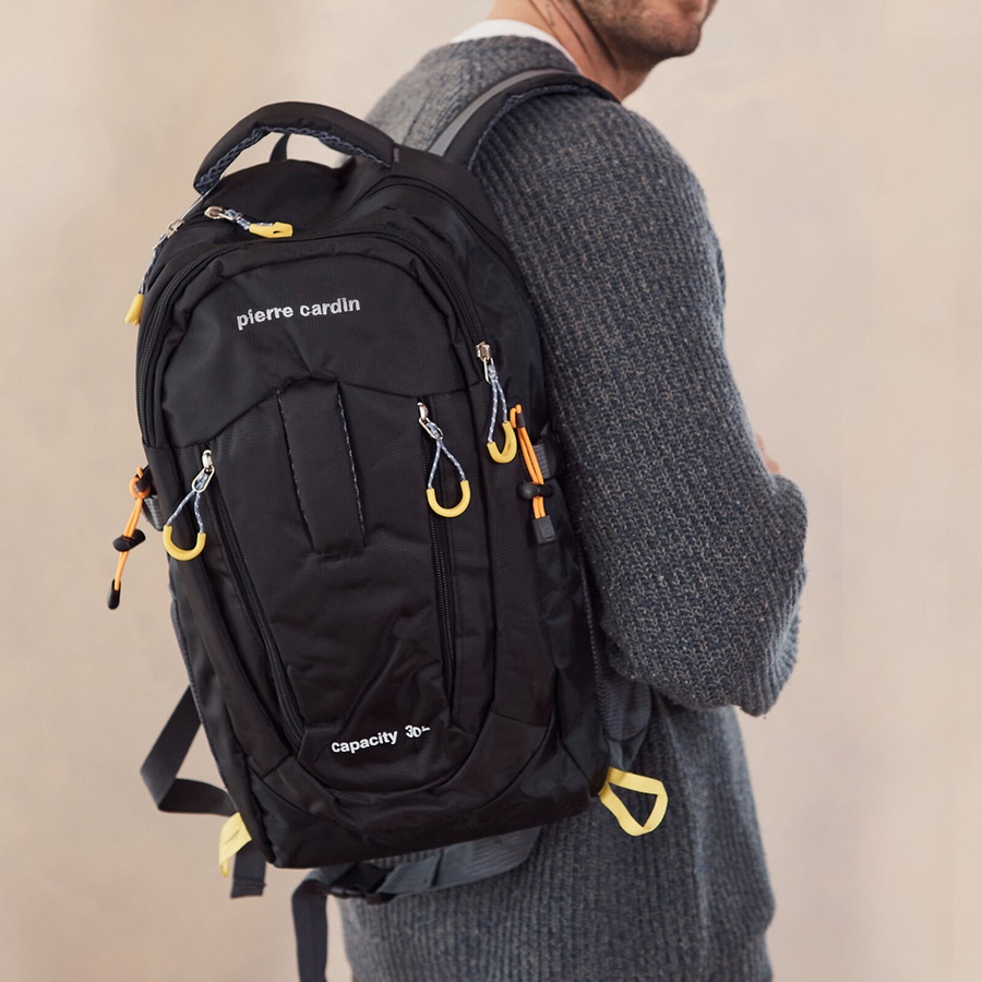 Pierre Cardin Mens 30L Nylon Adventure Backpack Bag Travel Hiking in Black