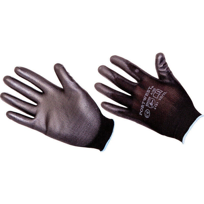 Portwest PU Palm Coated Safety Work Gardening Builders Gloves Breathable - Black