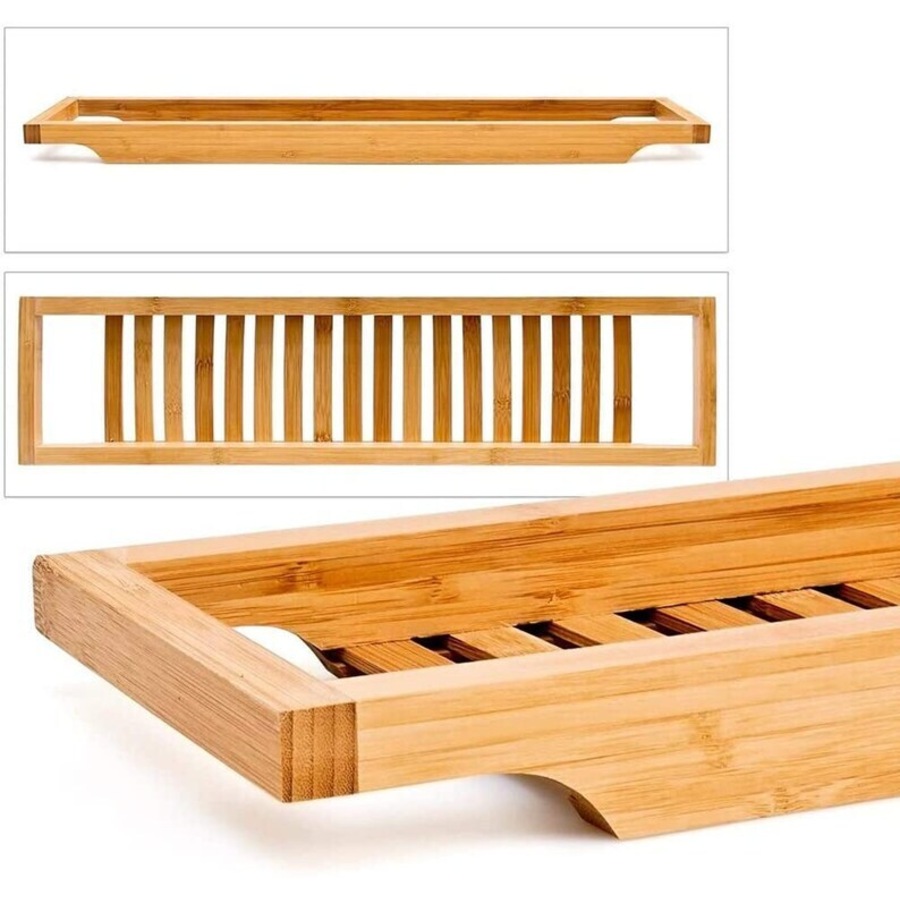 Bathroom Bamboo Bath Caddy Book Wine Glass Holder Tray Over Bathtub Rack Support